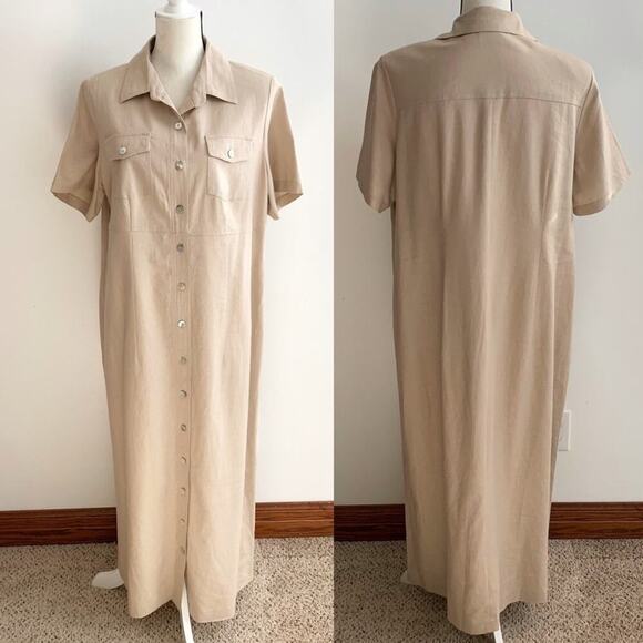 Studio C Plus Tan Linen Blend Button Front Shirtdress Long Modest Dress Size 16W - Picture 4 of 5